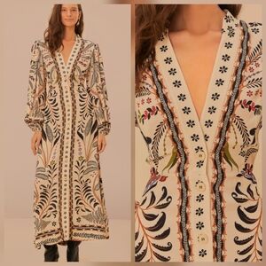 FARM Rio Cream Maxi Dress with Black, Green & Rust Botanical Print